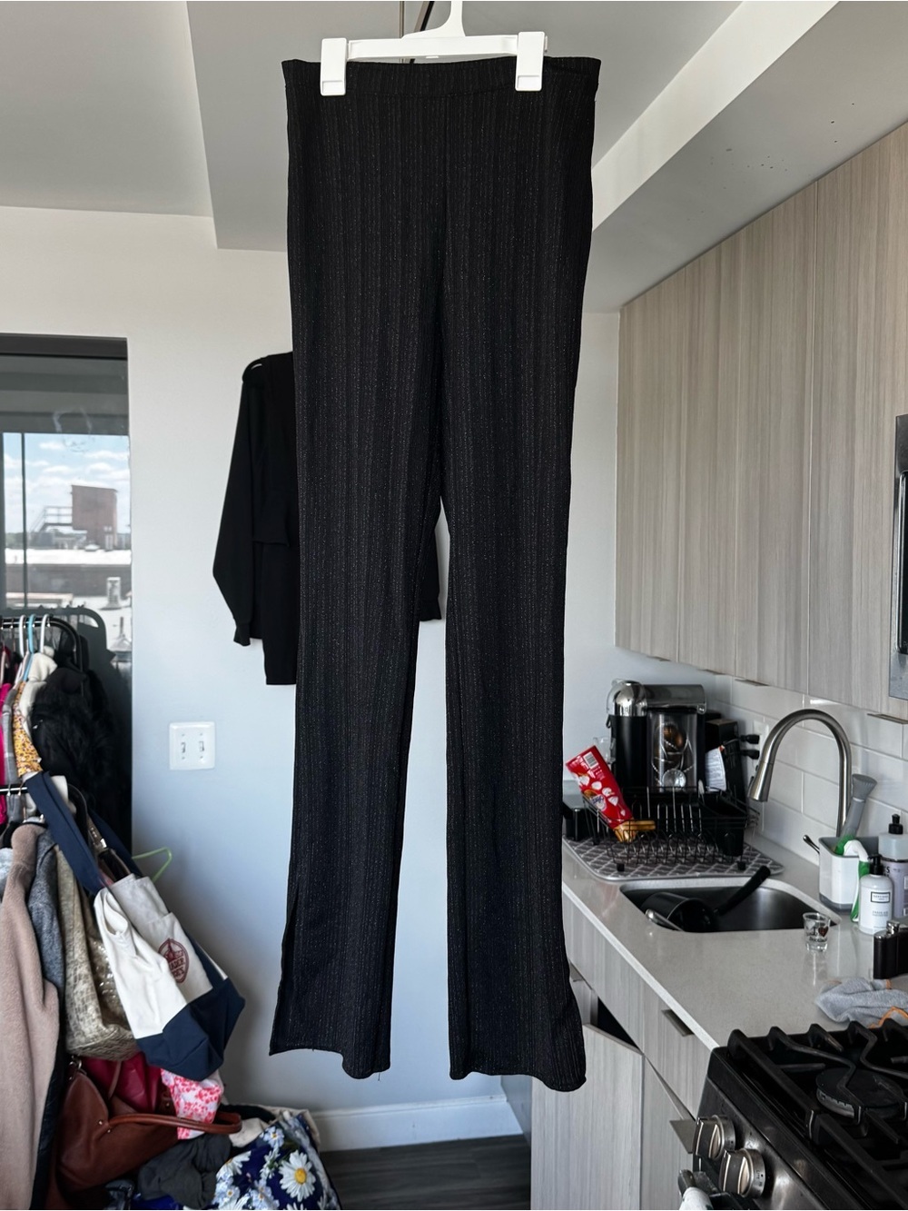 Reformation Black Sparkly Largo Pant Wide Leg Knit Trousers Size Large - Picture 5 of 10